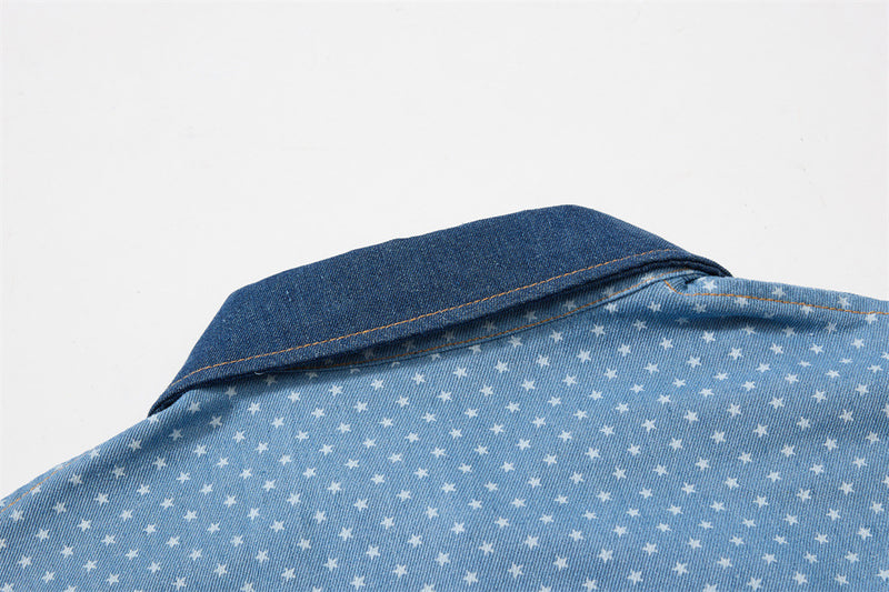 Short Sleeve Button-Up Shirt – All-Over Star Print with Varsity Graphic & Denim