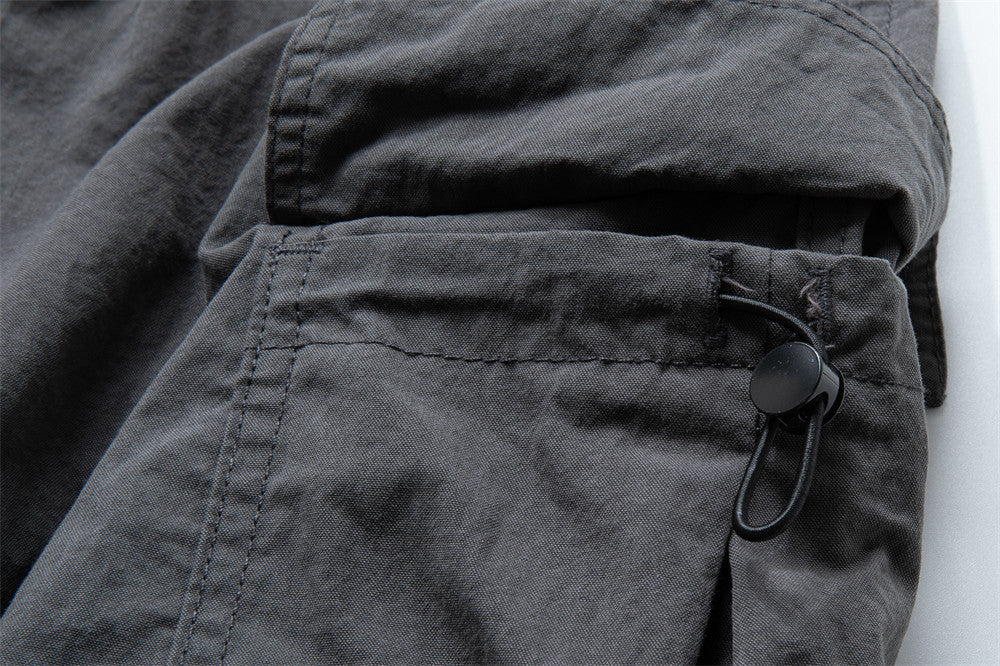 Men's Wide-Leg Cargo Pants with Double Waistband & Drawstring