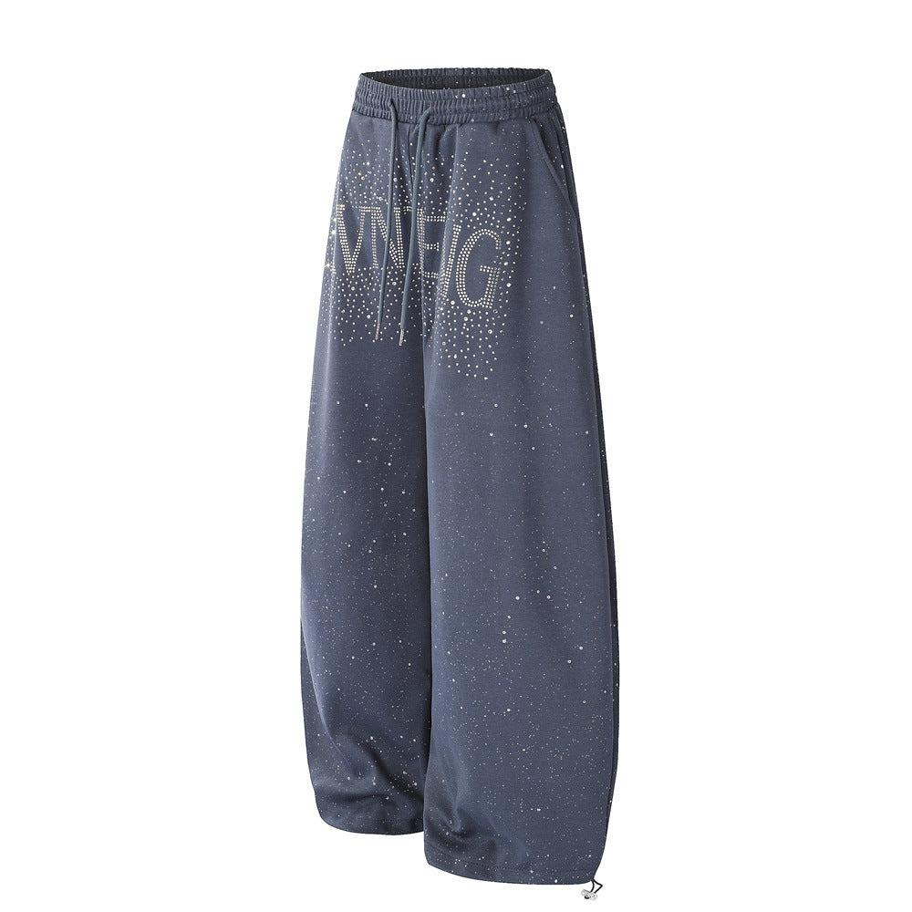 Men's Wide-Leg Sweatpants with Rhinestone Letter Print & All-Over Starry Sparkle