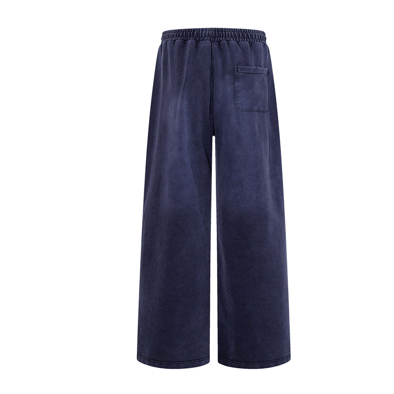 Wide-Leg Acid Wash Sweatpants – Vintage Graphic Print, Navy