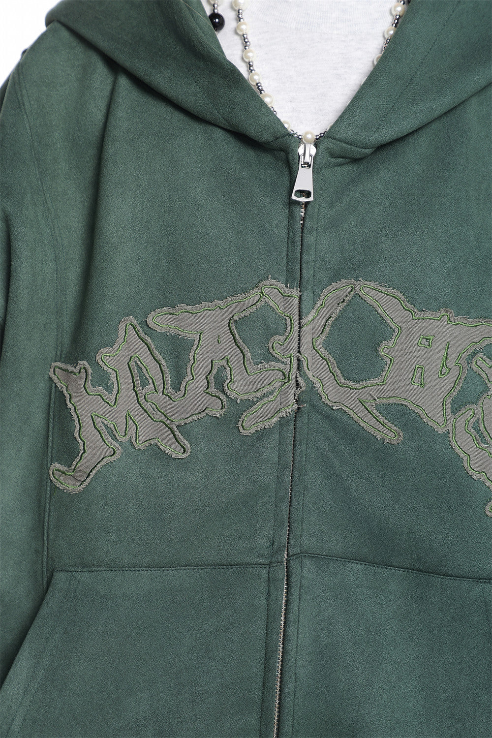 Baggy Zip Up Hoodie with Letter Appliqué — Oversized Streetwear Zip Hoodie