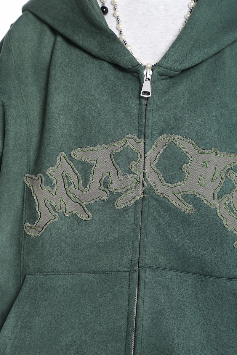 Baggy Zip Up Hoodie with Letter Appliqué — Oversized Streetwear Zip Hoodie