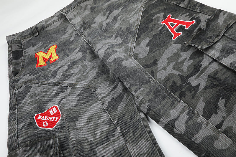 Camo Wide-Leg Cargo Denim Pants with Varsity Patches