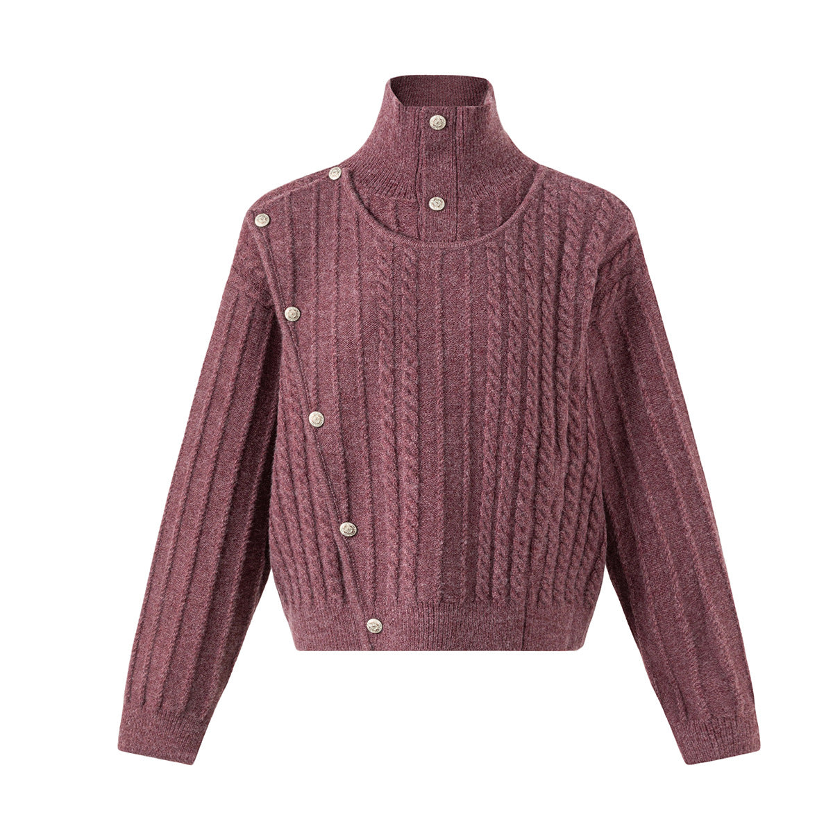 Pull court à col roulé rouge lie-de-vin en maille torsadée, avec patte de boutonnage diagonale à boutons argentés, vues de face et de dos