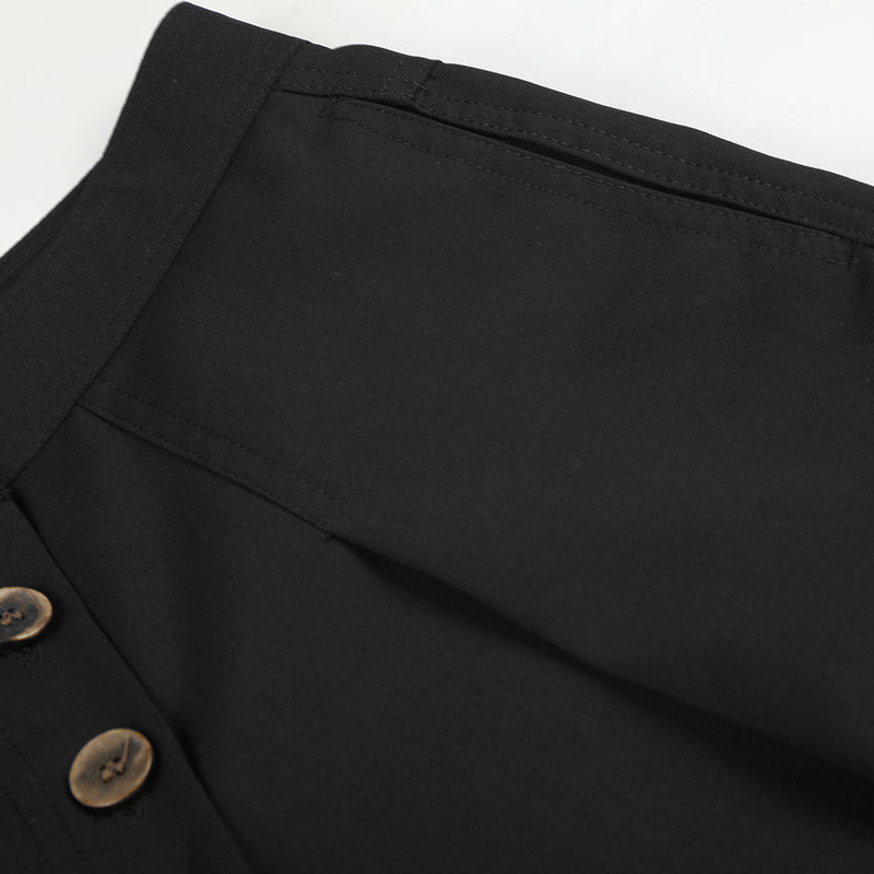 Wide-Leg Pleated Trousers with Diagonal Button Fly