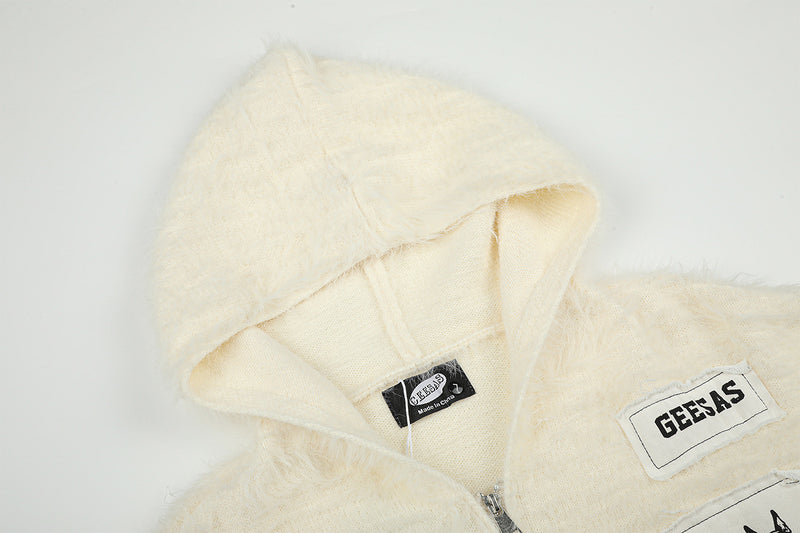 Fuzzy Knit Zip-Up Hoodie with Animal Patch Appliqués