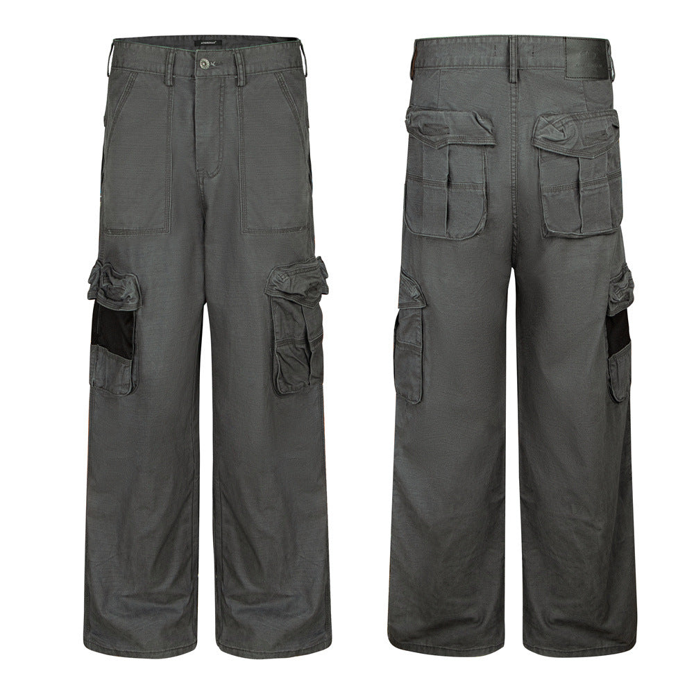 Herren-Cargohose mit weitem Bein in verwaschenem Grau und Multi-Pocket-Design, Vorder- und Rückansicht