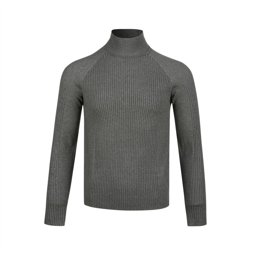 Men's mock neck ribbed knit slim fit pullover sweater in grey, shown front view