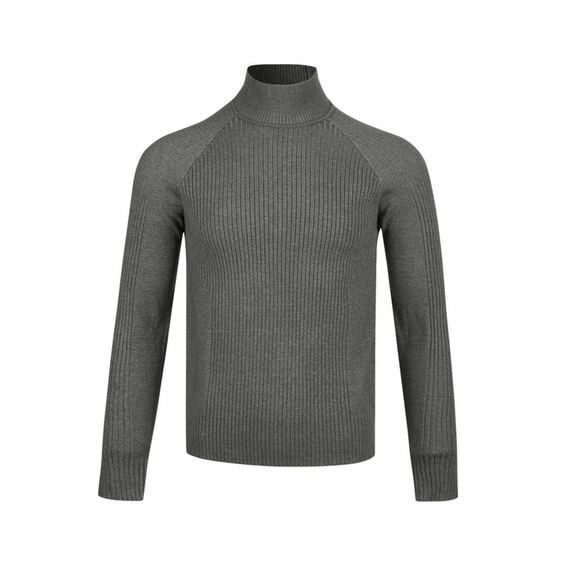 Men's mock neck ribbed knit slim fit pullover sweater in grey, shown front view