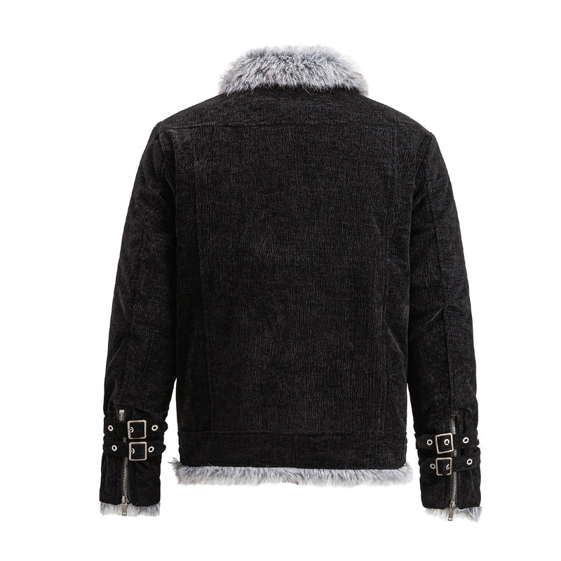 Faux Fur Lined Chenille Moto Jacket – Black Winter Biker Coat with Fur Collar &