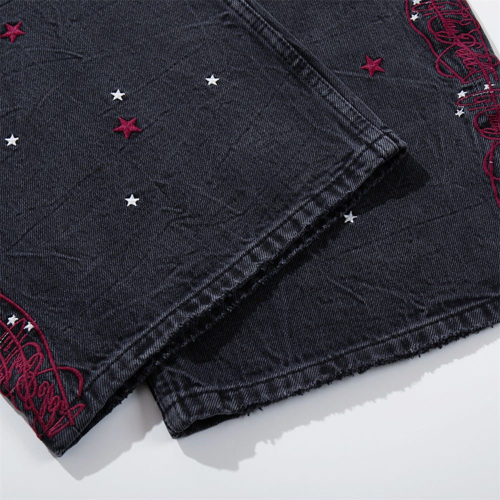 Star Embroidered Wide-Leg Jeans – Washed Black Denim with Side Floral Detail