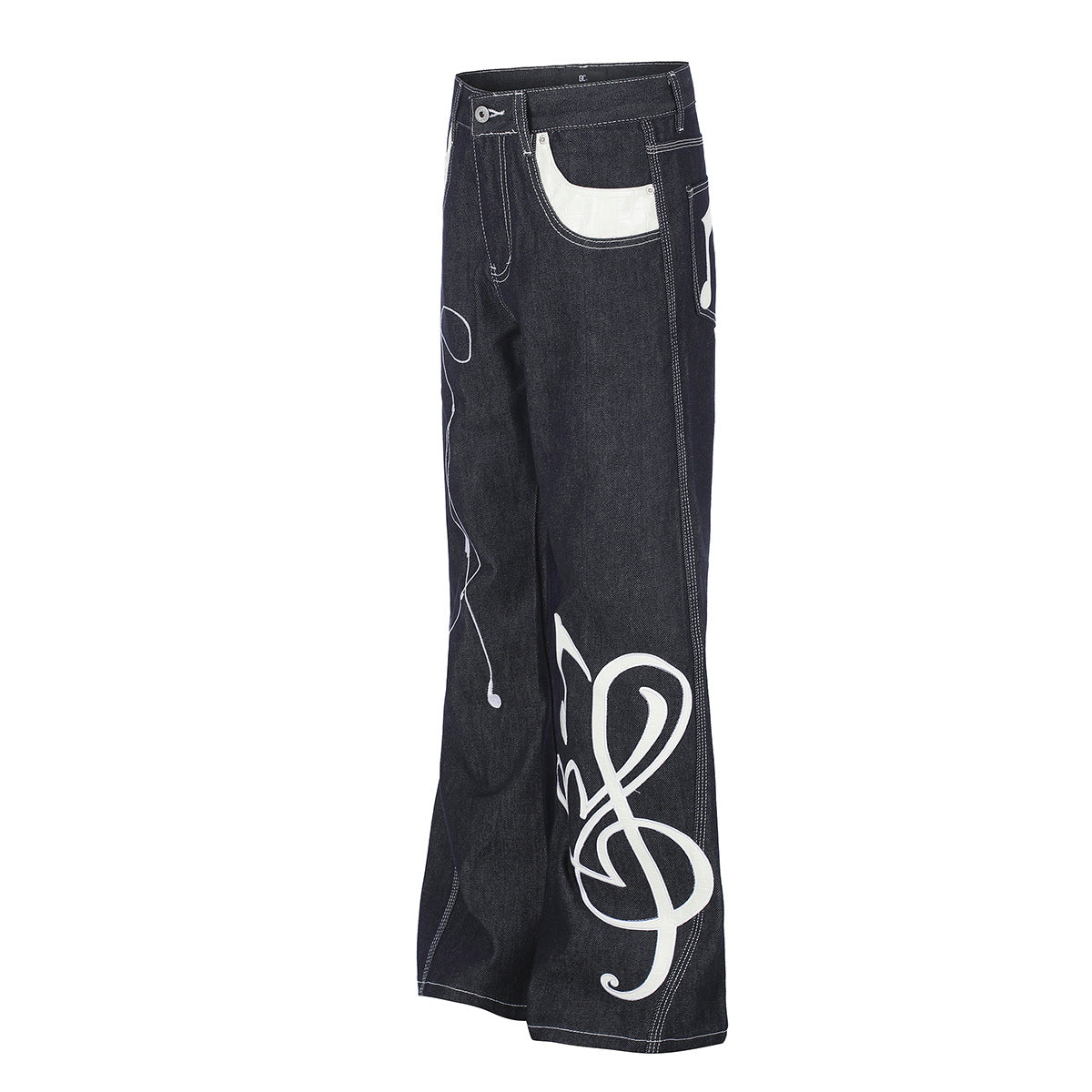 Jean baggy à jambes larges avec broderies et patch en cuir motif notes de musique — Denim noir brut