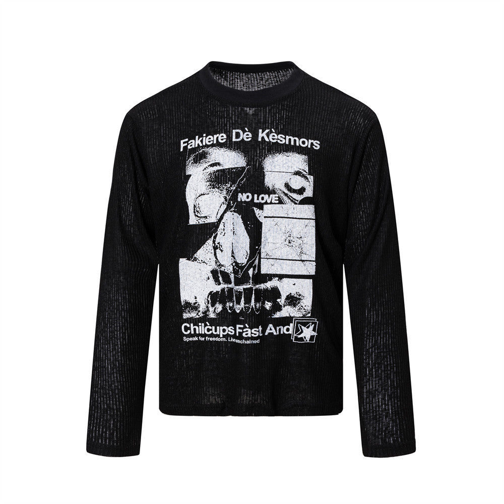 T-shirt côtelé à manches longues et motif tête de mort – Haut col rond streetwear sombre