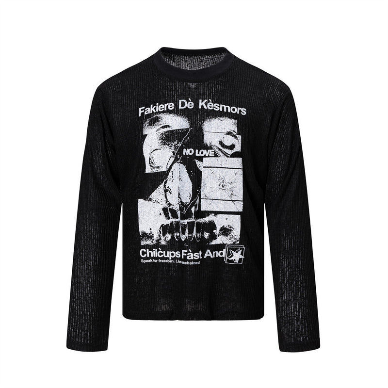 T-shirt côtelé à manches longues et motif tête de mort – Haut col rond streetwear sombre