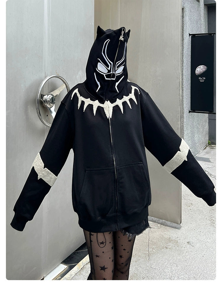 Black Panther-Inspired Hoodie - 400GSM Oversized Superhero Zip-Up Sweatshirt with Ear Design