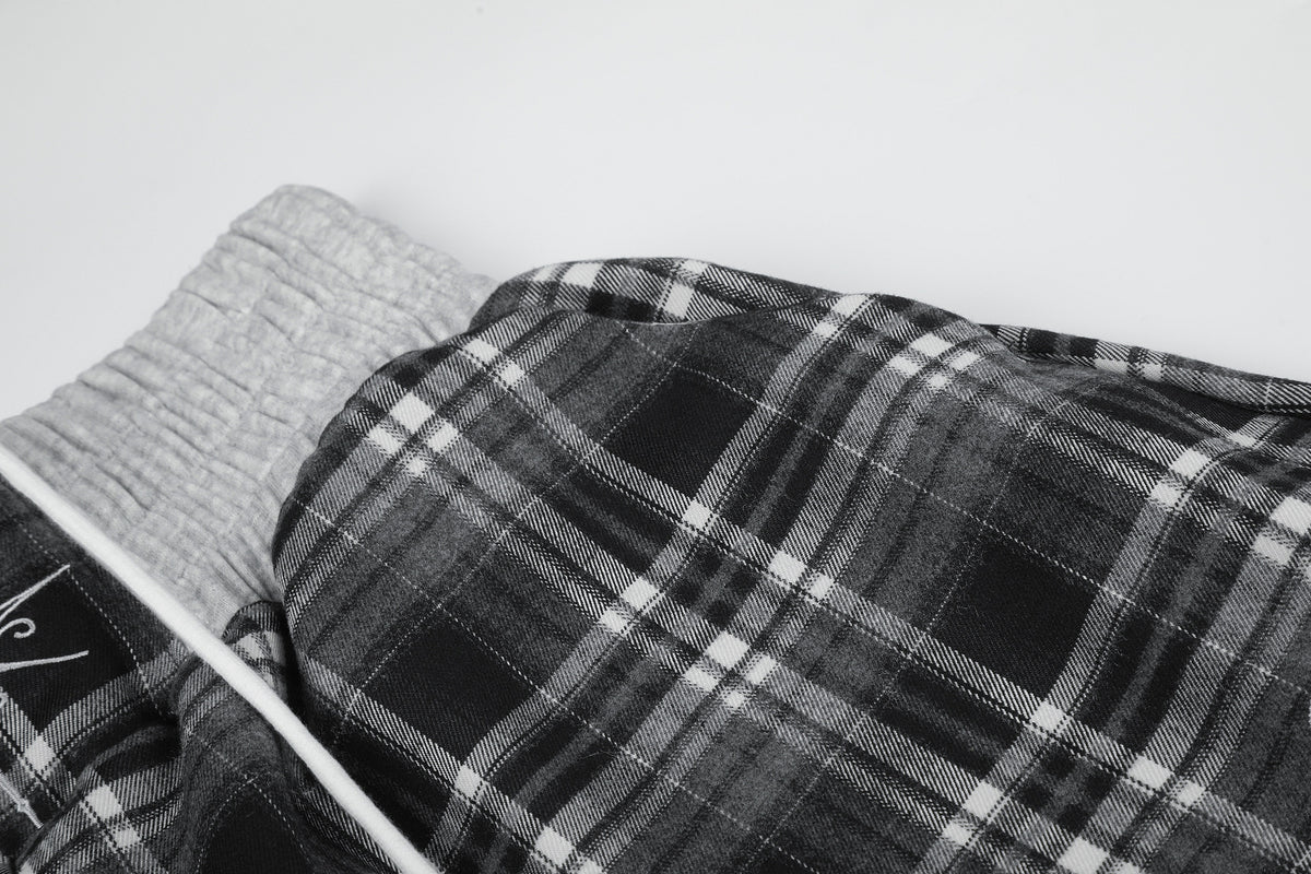 Plaid Wide-Leg Sweatpants with Drawstring Waist & Script Graphic