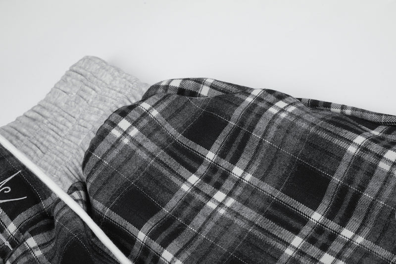 Plaid Wide-Leg Sweatpants with Drawstring Waist & Script Graphic