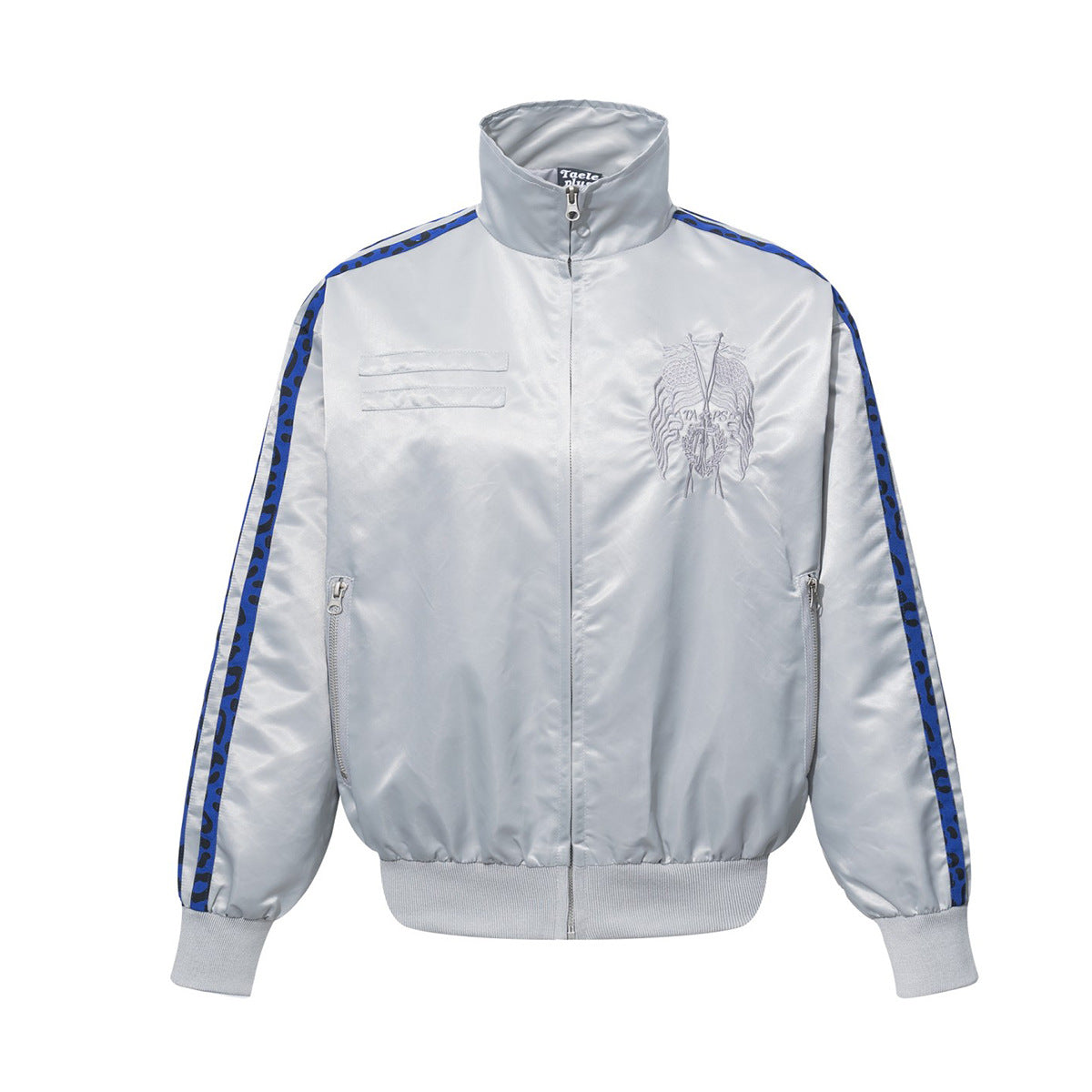 Blouson bomber satiné brodé à col montant et bandes léopard