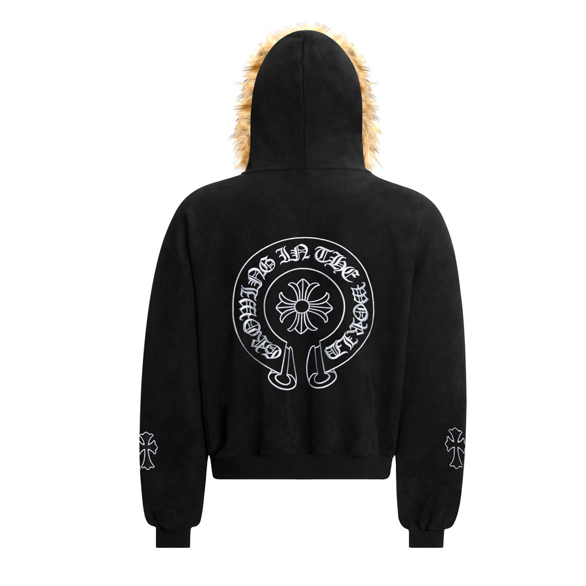 Black Gothic Cross Embroidered Zip-Up Hoodie with Faux Fur Hood Trim