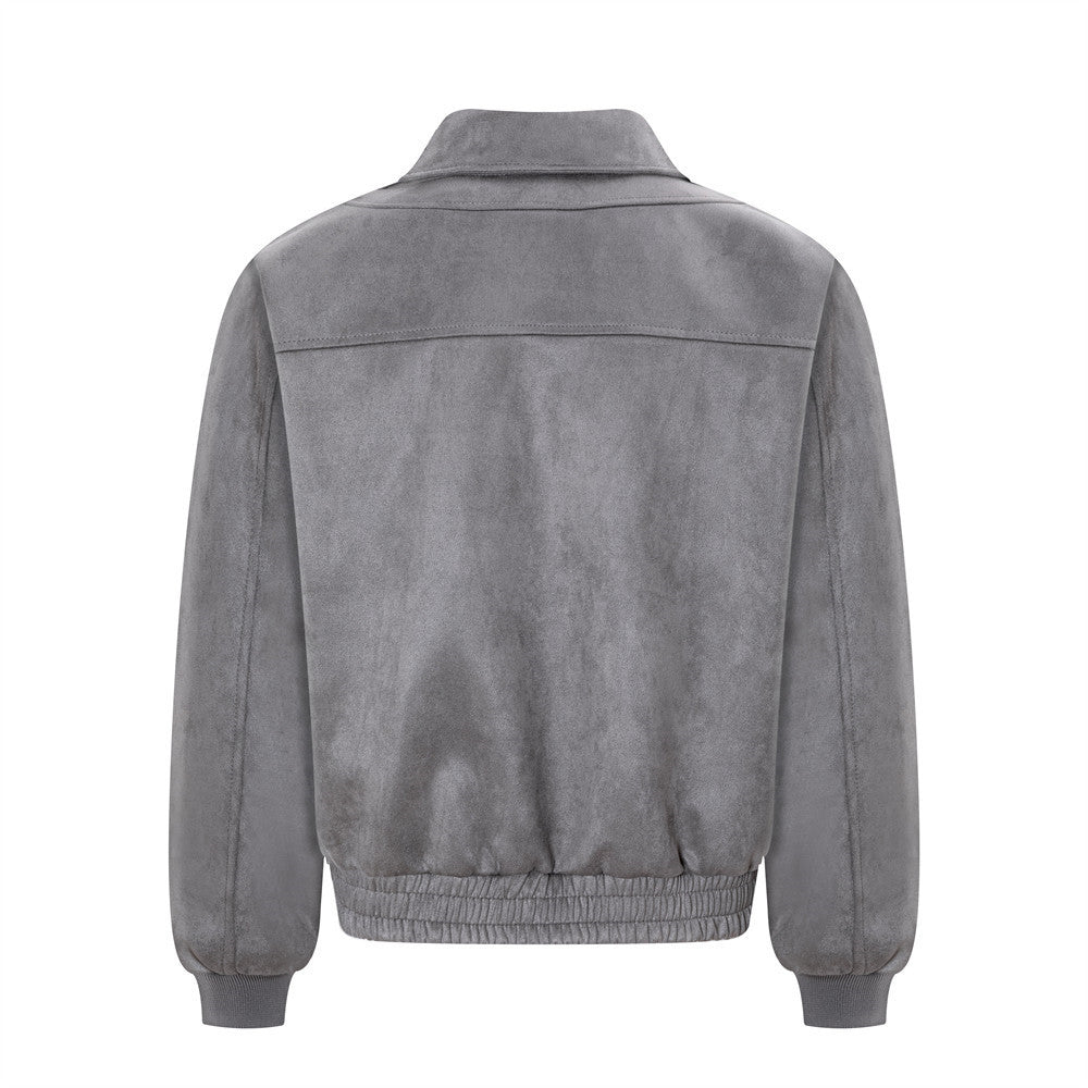 Suede Bomber Jacket Men – Collared Cross-Patch Relaxed Fit Varsity Jacket
