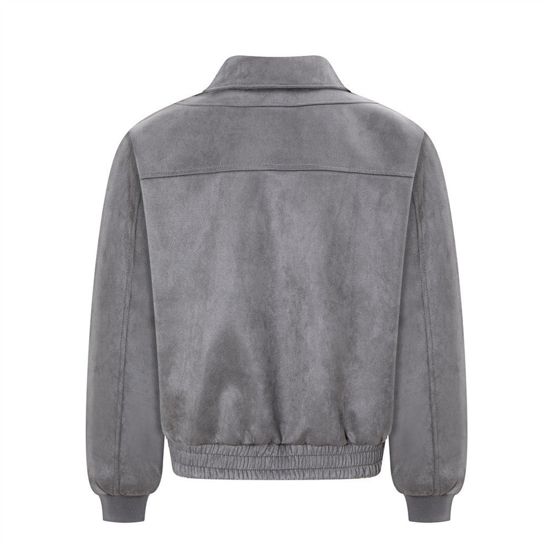 Suede Bomber Jacket Men – Collared Cross-Patch Relaxed Fit Varsity Jacket