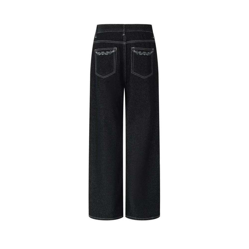 Black Wide-Leg Jeans – Metal Hook Closure & Contrast Stitching Streetwear Denim