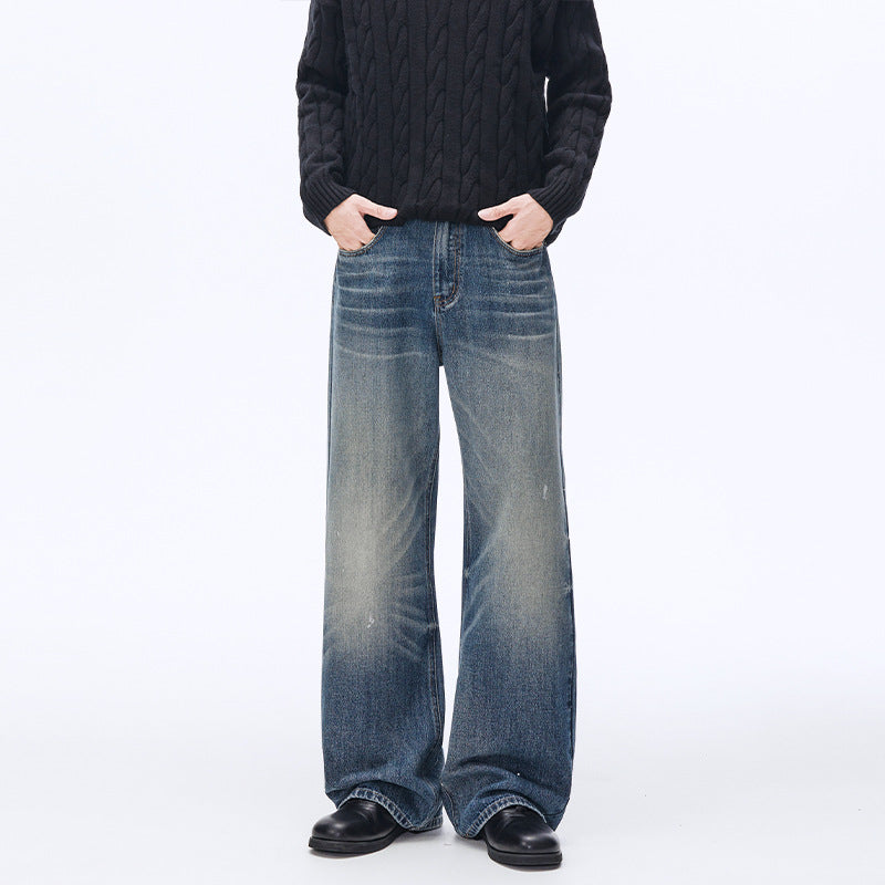 Men's Vintage Wash Wide-Leg Baggy Jeans – Retro Blue Distressed Straight-Cut