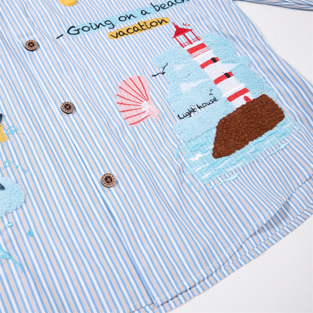 Blue Striped Button-Down Shirt with Beach Embroidery & Denim Collar