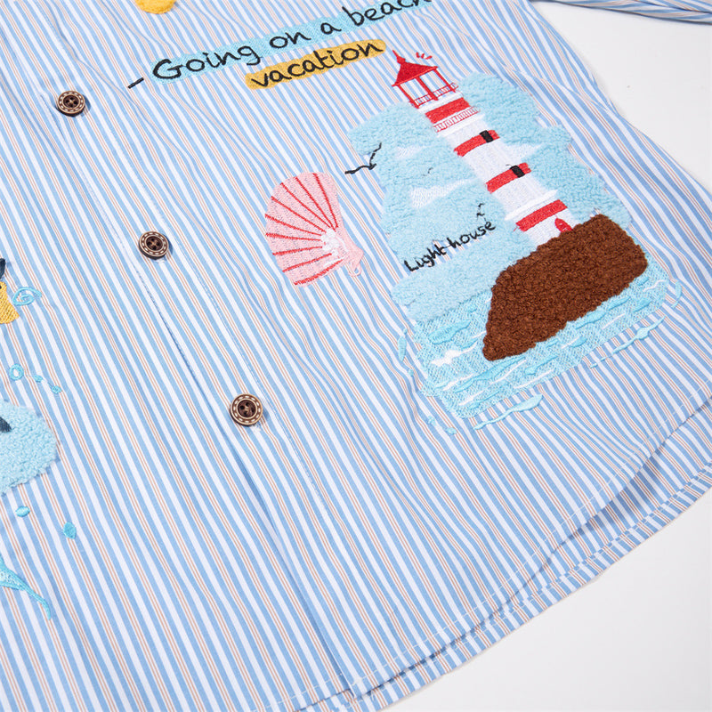 Blue Striped Button-Down Shirt with Beach Embroidery & Denim Collar