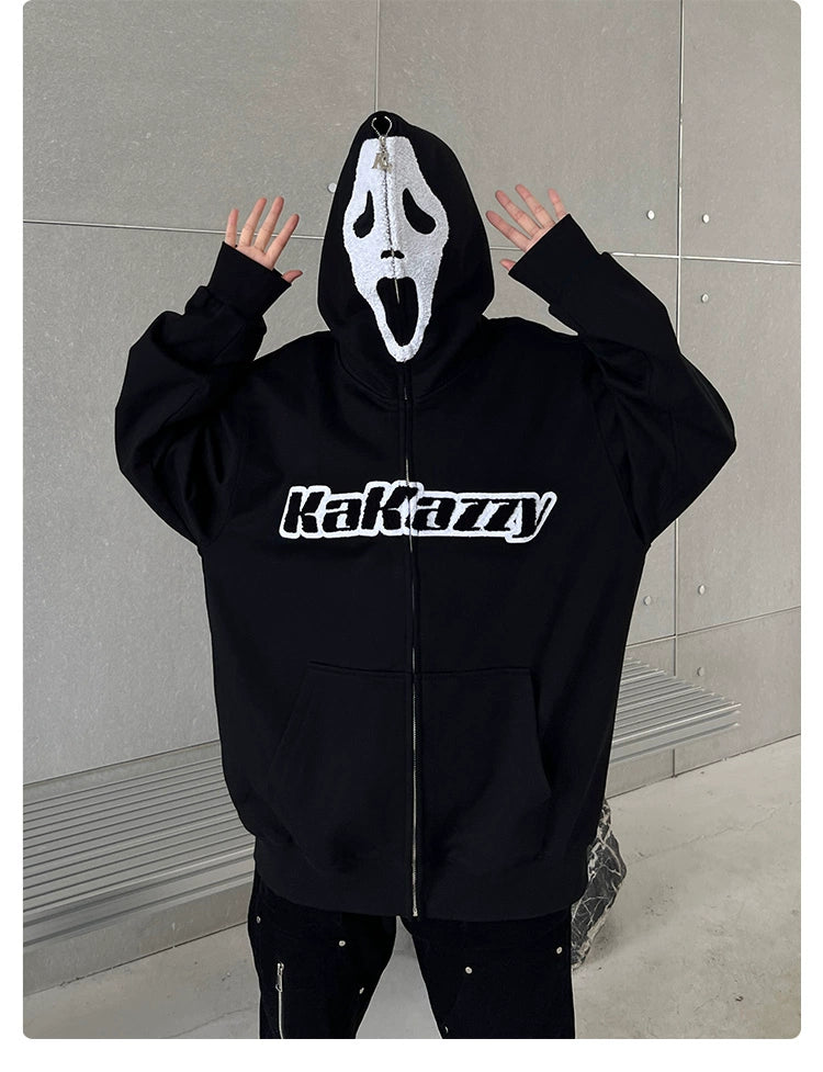 Scream-Inspired Hoodie - 400GSM Oversized Black Zip-Up Horror Movie Sweatshirt