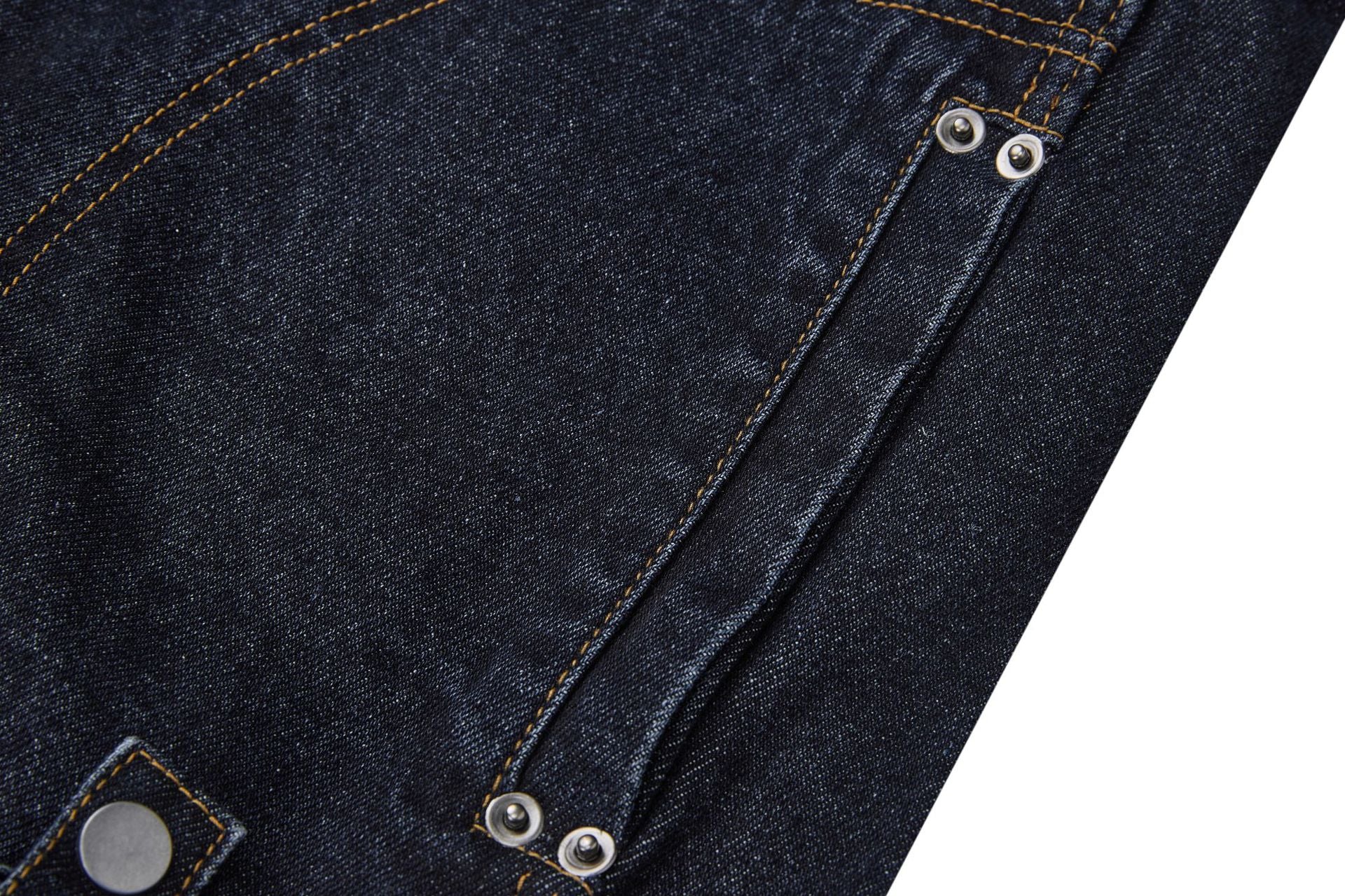 Veste biker moto en denim – Col montant indigo foncé, poches zippées et base ceinturée
