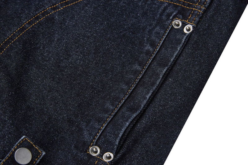 Veste biker moto en denim – Col montant indigo foncé, poches zippées et base ceinturée