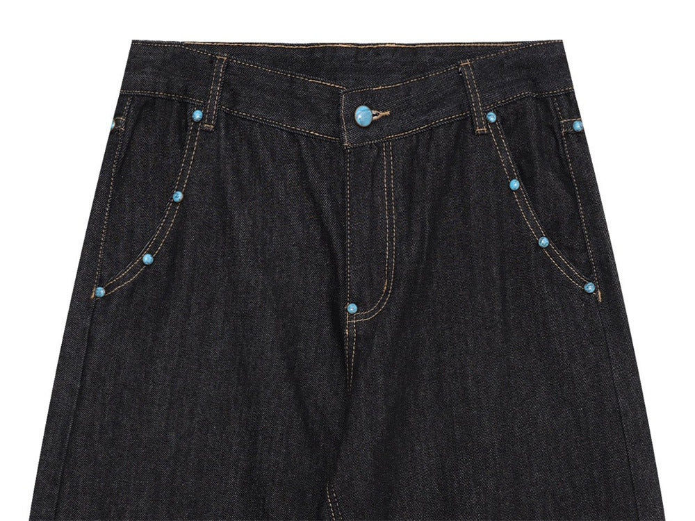 Wide-Leg Barrel Jeans – Turquoise Stud Detail, Curved Silhouette