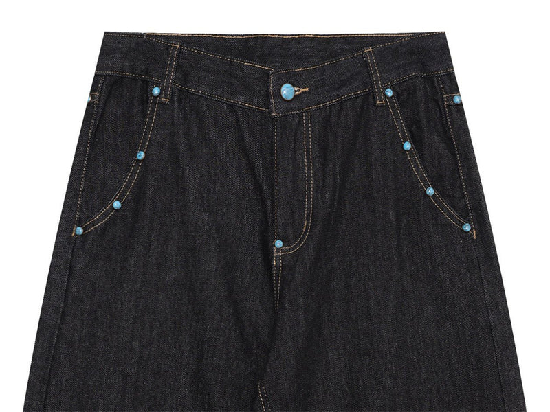 Wide-Leg Barrel Jeans – Turquoise Stud Detail, Curved Silhouette