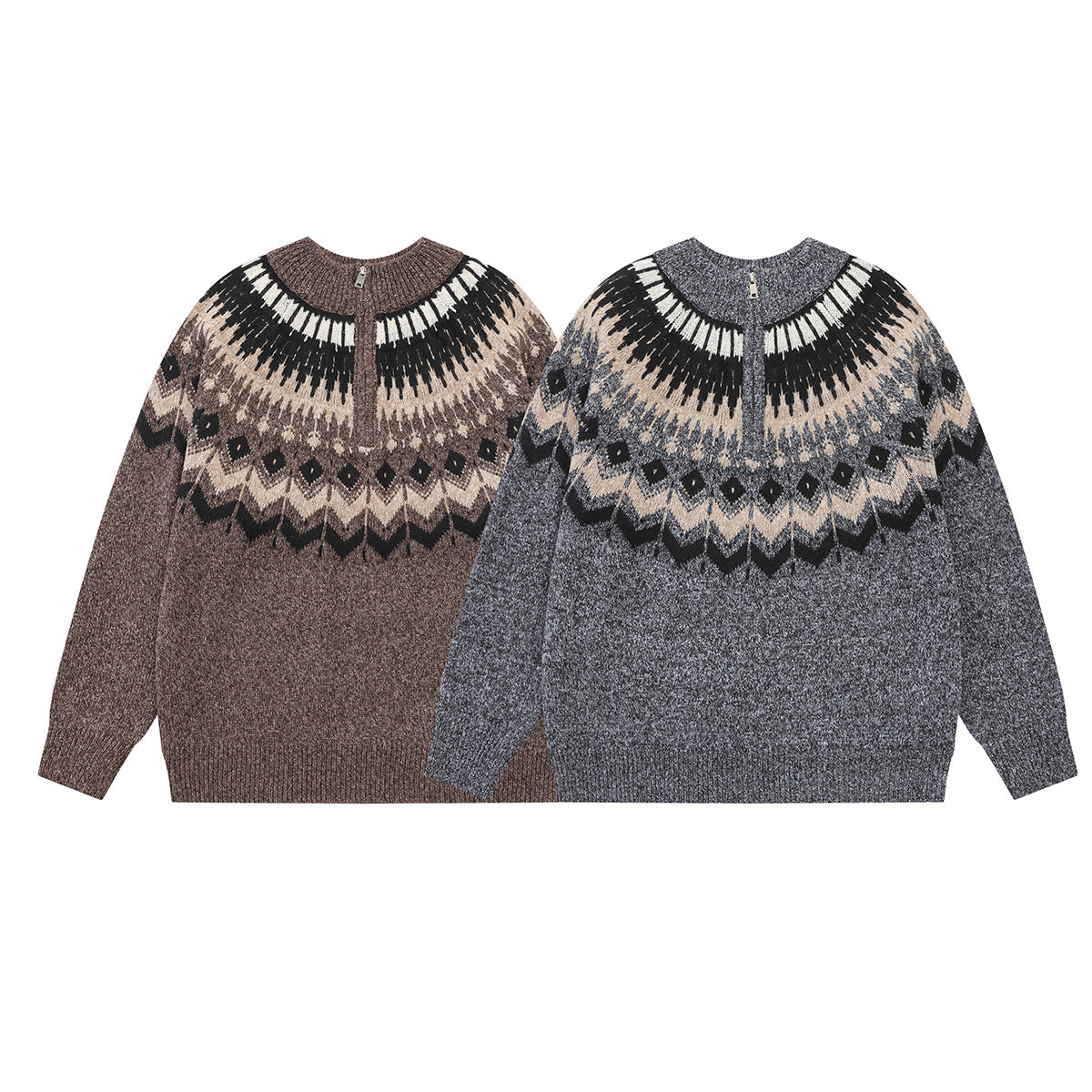 Fair Isle Jacquard Knit Zip-Up Sweater – Vintage Half-Zip Pullover