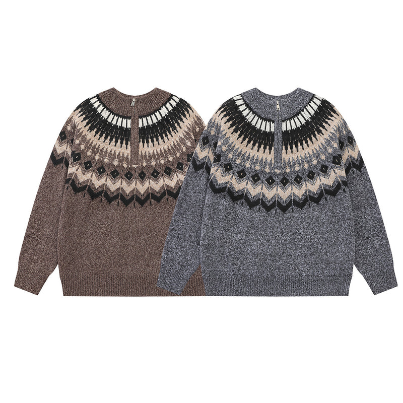Fair Isle Jacquard Knit Zip-Up Sweater – Vintage Half-Zip Pullover