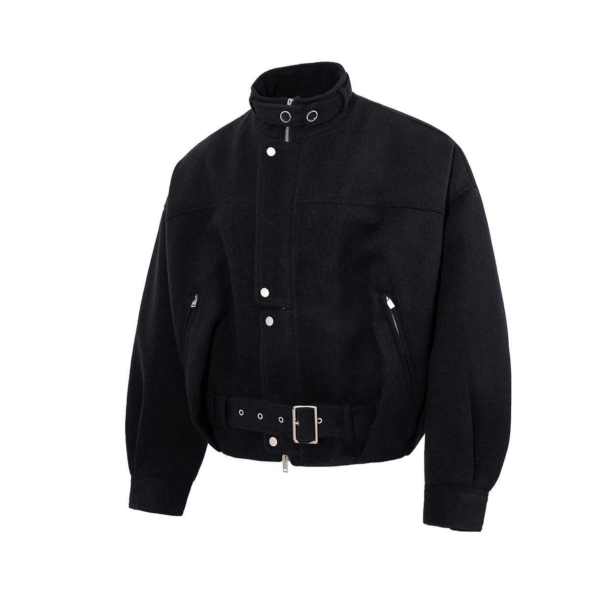Oversized Wool-Blend Belted Bomber Jacket with Stand Collar
