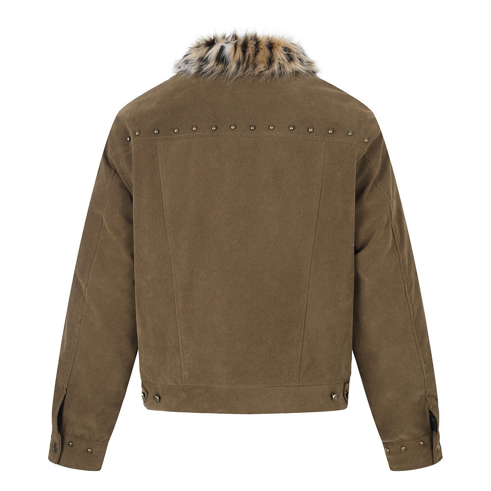 Men's Winter Jacket Faux Fur Collar Studded Snap-Button Coat