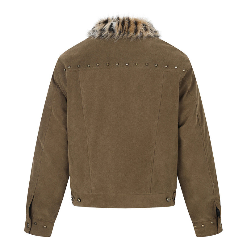 Men's Winter Jacket Faux Fur Collar Studded Snap-Button Coat