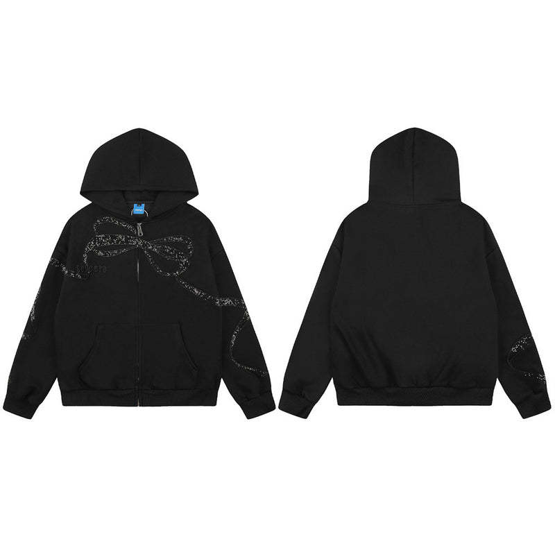 Bow Embroidery Zip-Up Hoodie – Oversized Sequin Ribbon Detail