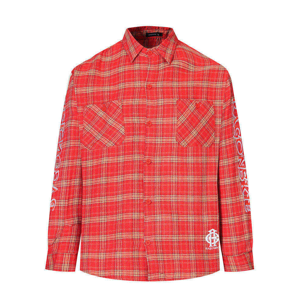 Oversized plaid long sleeve button-up shirt with Gothic letter embroidery on sleeves, shown in red tartan colorway