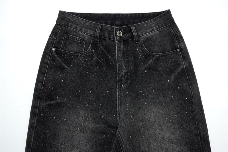 Men's Relaxed Fit Jeans – Washed Black Straight-Leg Rhinestone Star Denim