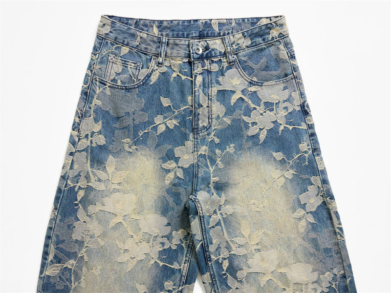 Floral Jacquard Wide-Leg Jeans – Vintage Washed Baggy Denim with Raised Flower