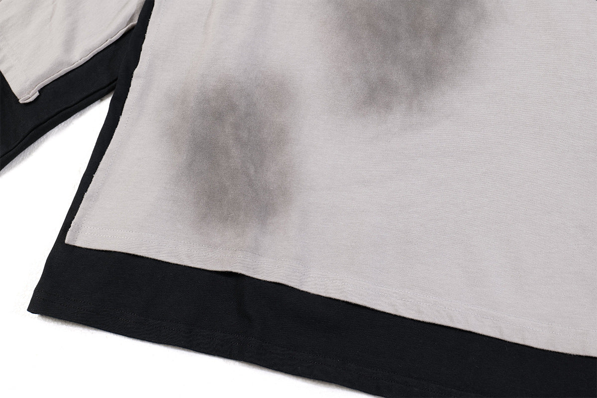 T-shirt graphique color-block à manches longues – Haut streetwear oversize bicolore délavé