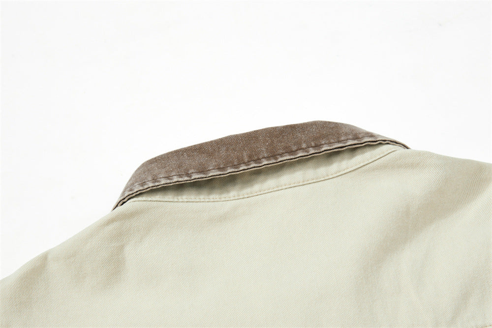 Brown textured collar on cream long sleeve button-up shirt