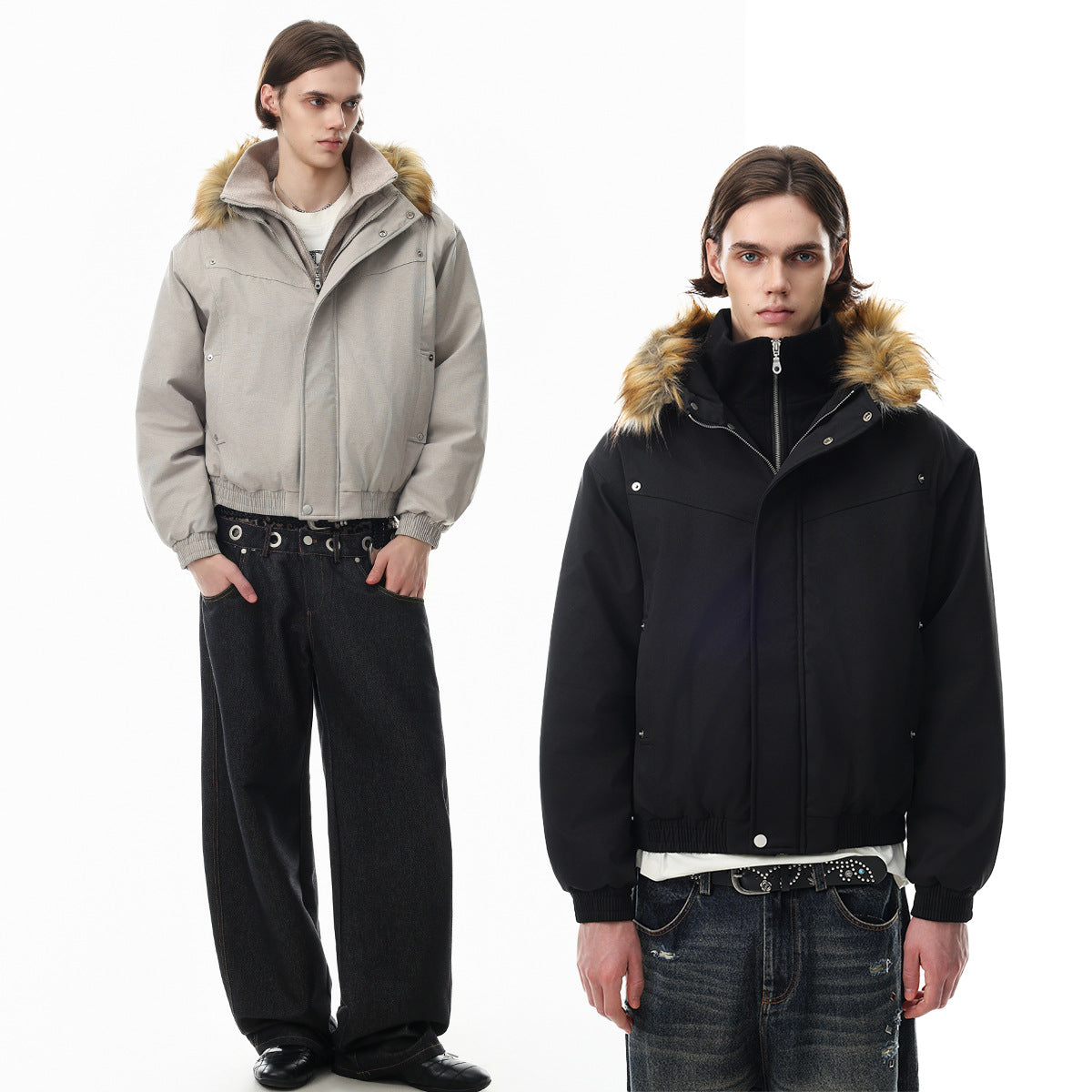 Fur Collar Padded Bomber Jacket – Vintage American Streetwear Winter Coat