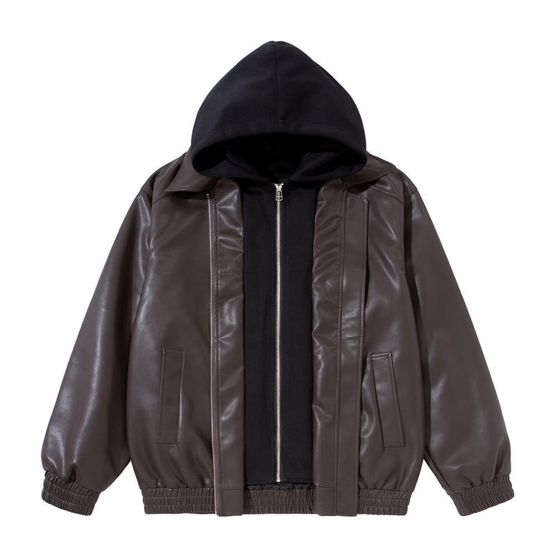 Faux Leather Hooded Bomber Jacket – Layered PU Zip-Up Oversized Coat
