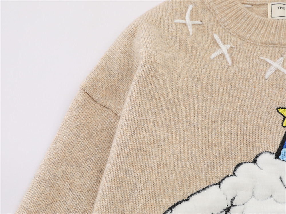 Cartoon Sheep Embroidered Crew Neck Pullover Sweater – Oversized Knit with