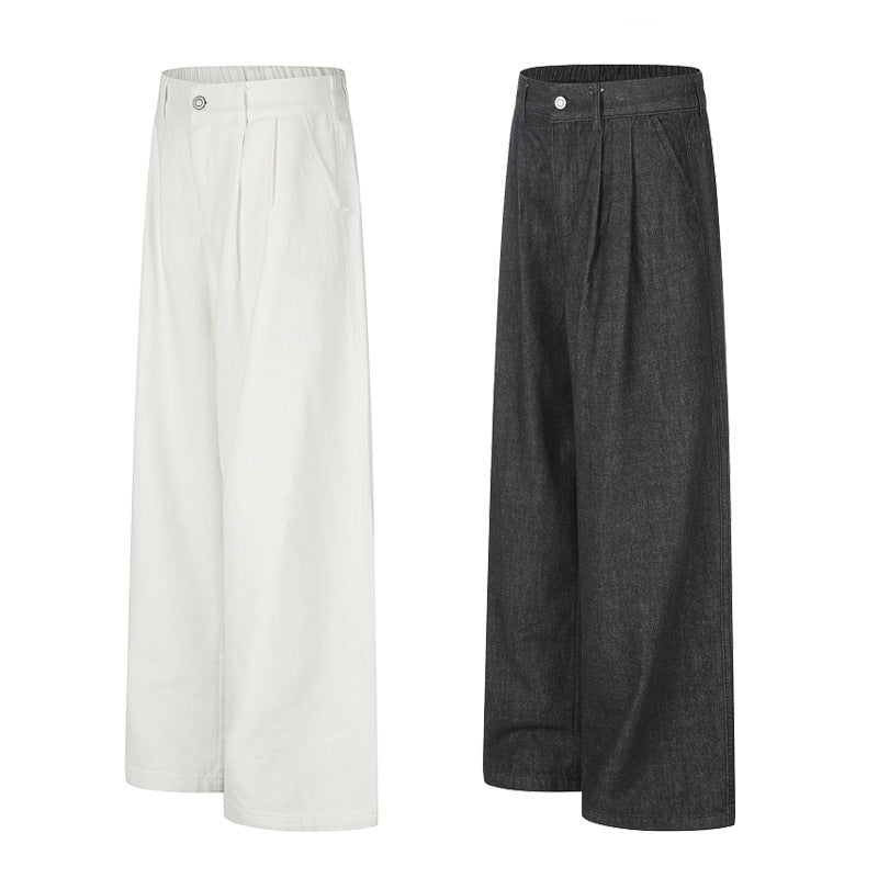 Wide-Leg Straight Casual Pants for Men — Relaxed Fit Pleated Denim Trousers
