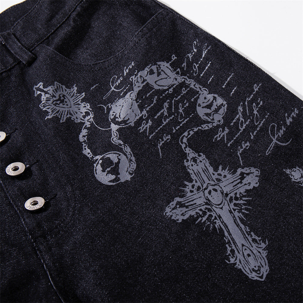 Wide-Leg Jeans – Gothic Cross & Sword Print Black Denim, Baggy High-Street Fit